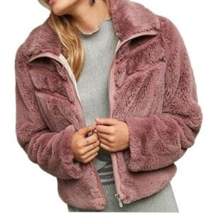 Anthropologie Faux Fur Lace Chevron Bomber - dusty mauve